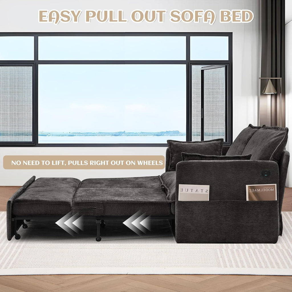 SUNWAVE 74' King Pull Out Sofa Bed - Convertible Sleeper Sofa Bed, Space Saving Corduroy Loveseat Chaise Lounge with USB Charging, Side Pockets for Living Room, Bedroom, Small Spaces(Ink, 74')