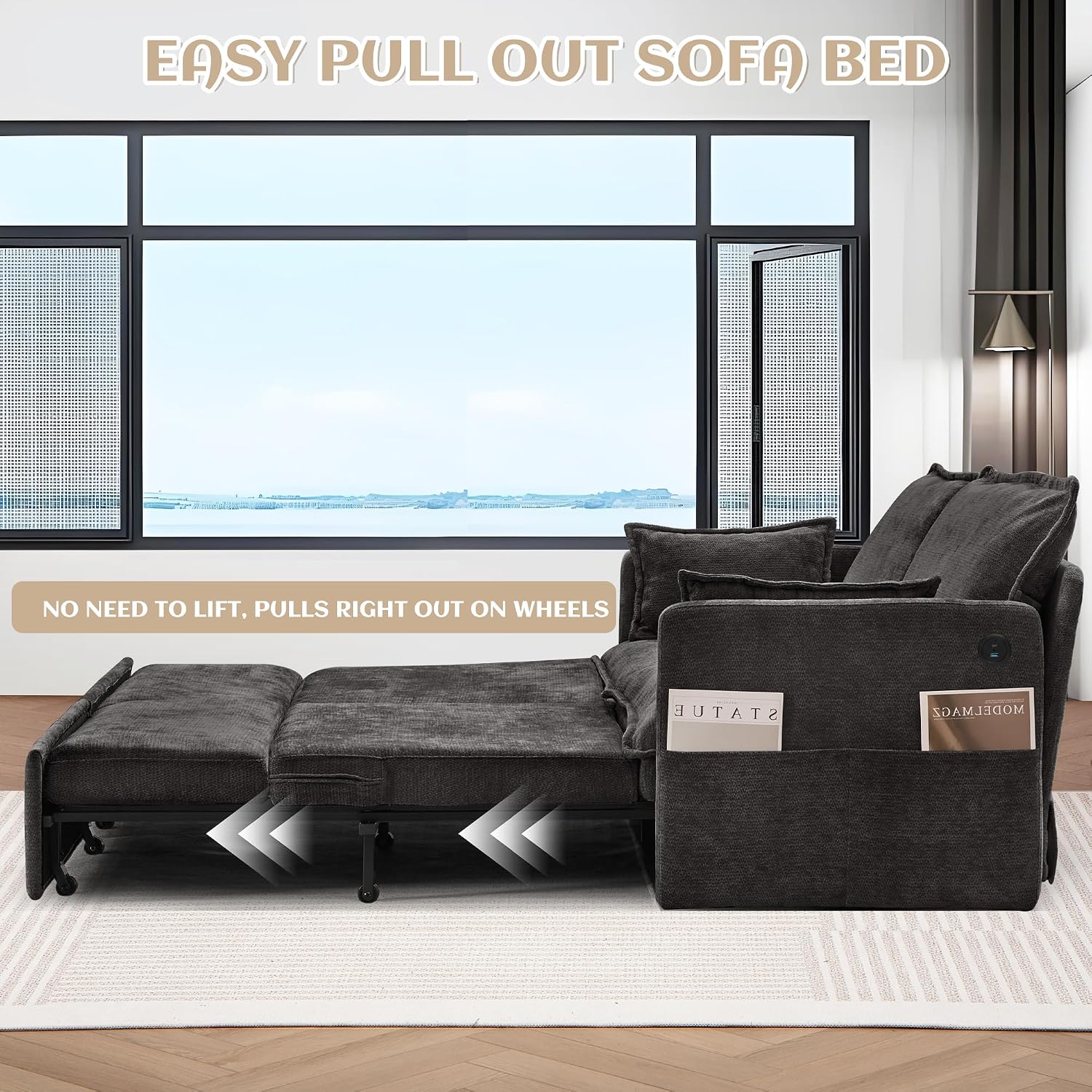 SUNWAVE 74' King Pull Out Sofa Bed - Convertible Sleeper Sofa Bed, Space Saving Corduroy Loveseat Chaise Lounge with USB Charging, Side Pockets for Living Room, Bedroom, Small Spaces(Ink, 74')
