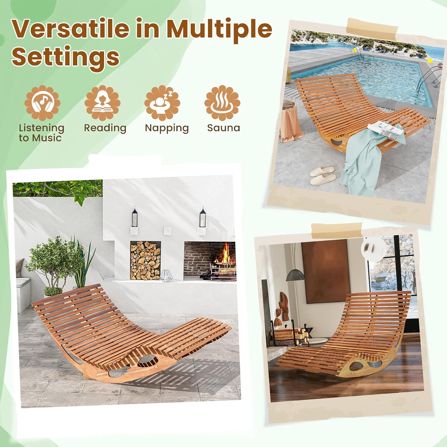 RELAX4LIFE Rocking Double Chaise Lounge, Acacia Wood Sun Bed Lounger w/Slatted Seat, Bottom Stopper, Indoor Outdoor Loveseat Rocker for Pool Patio, 440LBS Capacity, Wooden Rocking Lounge Chair (1)