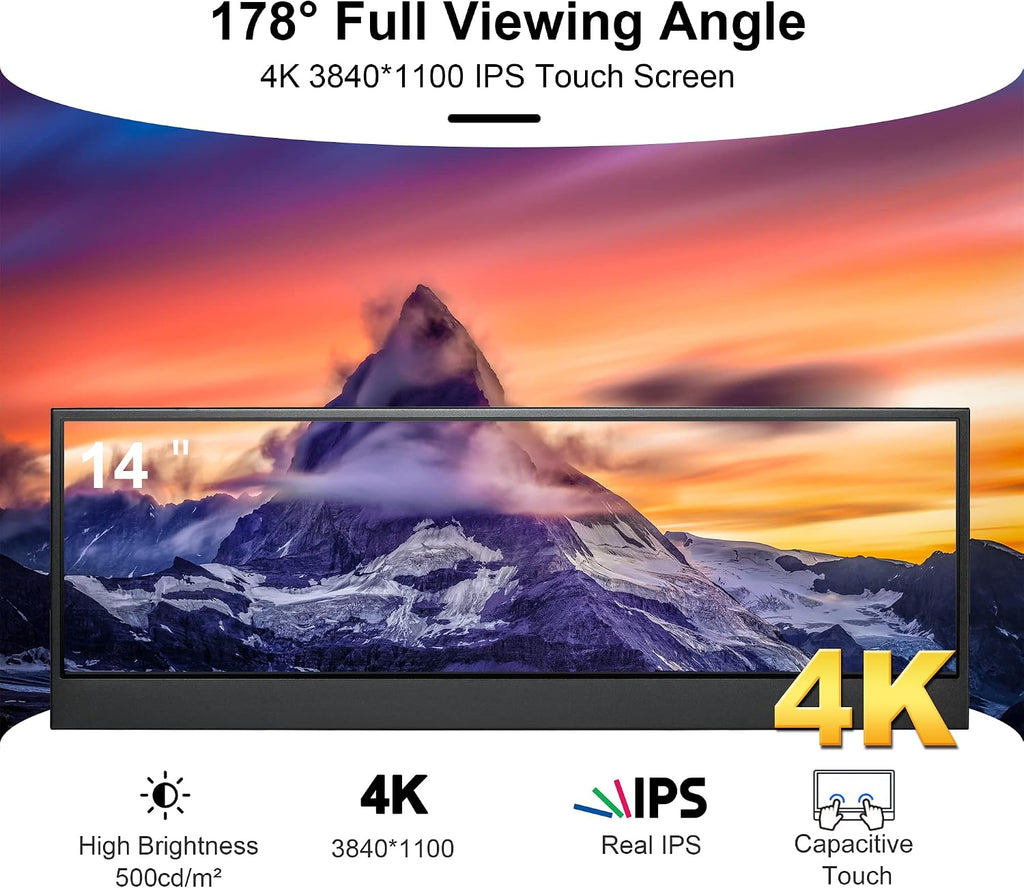 wisecoco 14'' 4K UHD IPS 3840x1100 Stretched Bar Touch Screen Display Monitor for Laptop Computer PC Speed Temperature Windows Aida64 CPU GPU HDMI Secondary Monitor for Music Media Timeline Editing