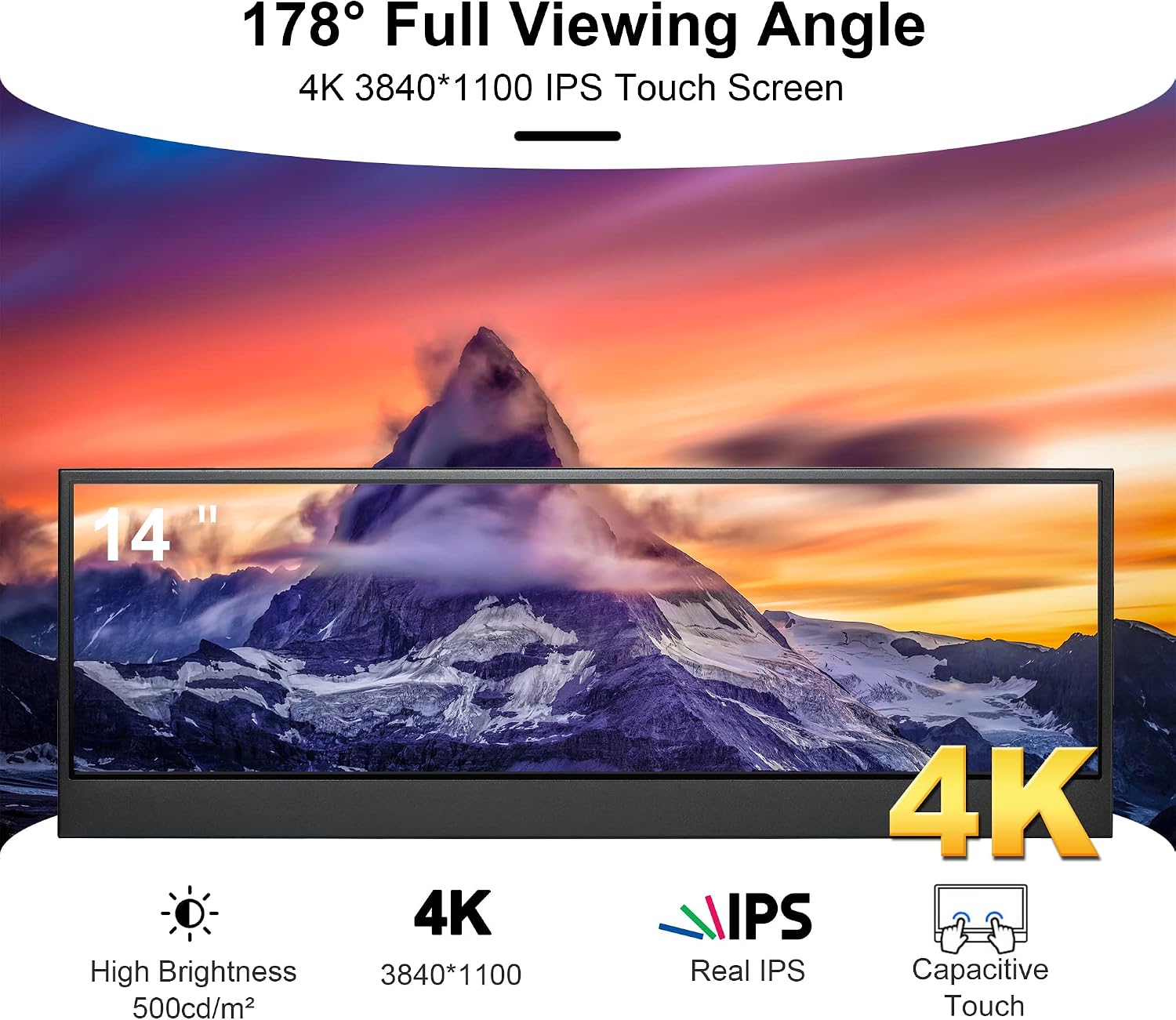 wisecoco 14'' 4K UHD IPS 3840x1100 Stretched Bar Touch Screen Display Monitor for Laptop Computer PC Speed Temperature Windows Aida64 CPU GPU HDMI Secondary Monitor for Music Media Timeline Editing