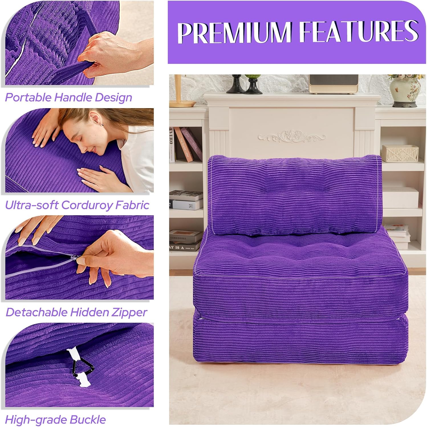 HABUTWAY Folding Sofa Bed, Convertible Sleeper Chair Bed w/Dual-Pillow & Handle, Foldable Floor Sofa Lounge w/Back Support for Living Room, Bedroom, Apartment, Office, Single, Purple