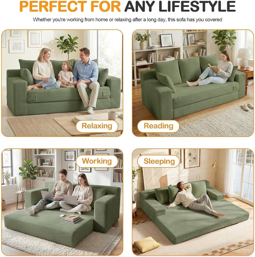Oversize Loveseat Boneless Convertible Sofa Bed, Folding Floor Futon Sleeper Sofa Queen Size Couch Bed- Boneless Foldable Couch, Corduroy Pull Out Sofa Bed with 5 Pillows for Living Room & Bedroom