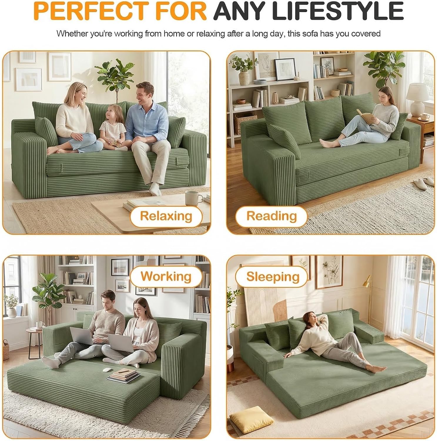 Oversize Loveseat Boneless Convertible Sofa Bed, Folding Floor Futon Sleeper Sofa Queen Size Couch Bed- Boneless Foldable Couch, Corduroy Pull Out Sofa Bed with 5 Pillows for Living Room & Bedroom