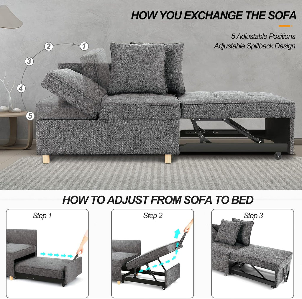 SEJOV Sofa Bed 4-in-1 Convertible Sofas & Couches, 3-Seat Linen Fabric loveseat Sofa with 2 Throw Pillow, Single Recliner for Small Space with 5 Adjustable Backrest, Dark Grey