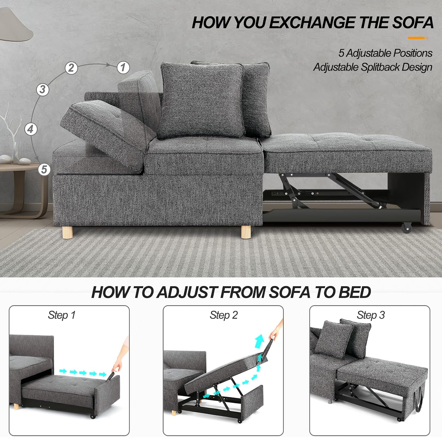 SEJOV Sofa Bed 4-in-1 Convertible Sofas & Couches, 3-Seat Linen Fabric loveseat Sofa with 2 Throw Pillow, Single Recliner for Small Space with 5 Adjustable Backrest, Dark Grey