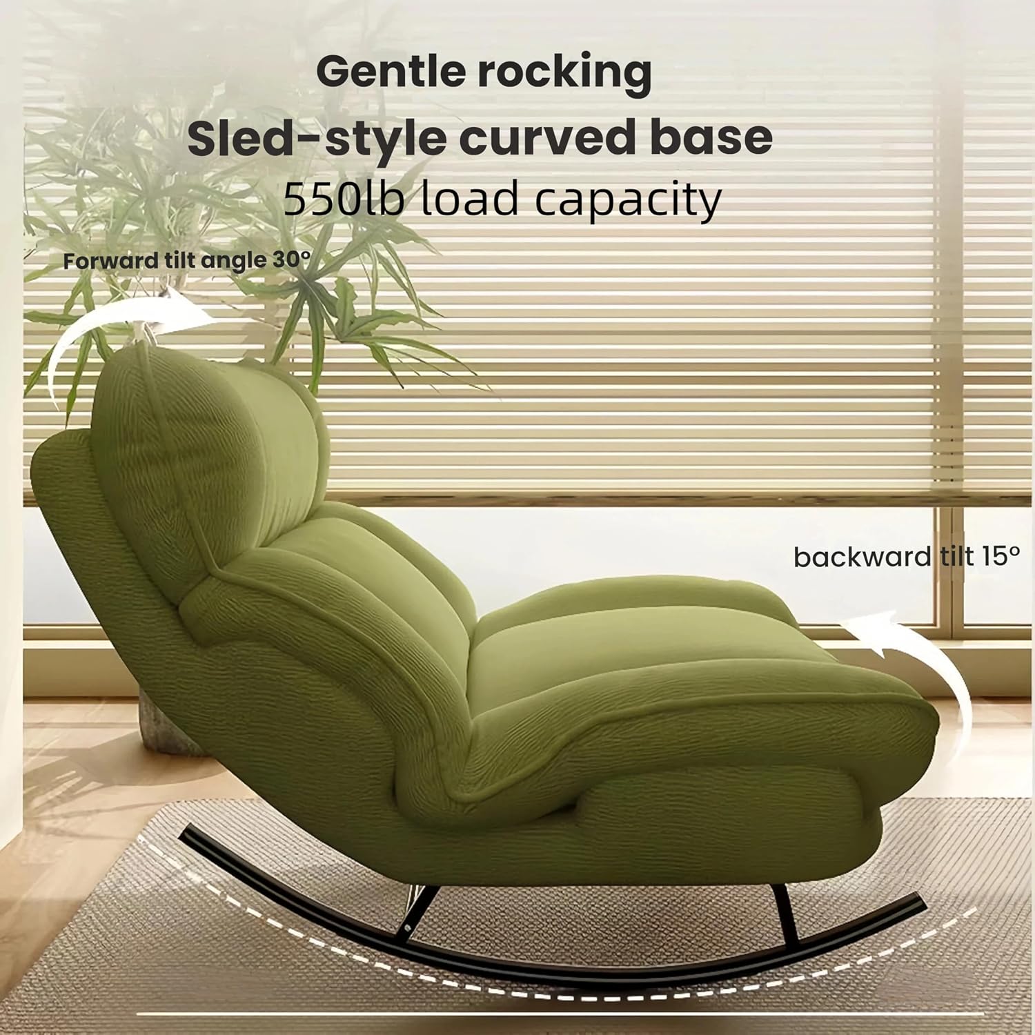 Sofa Rocking Chair Metal Frame with Adjustable Backrest Comfortable Decorative Chair Modern Ergonomic Sofa for Living Room Bedroom (Green)