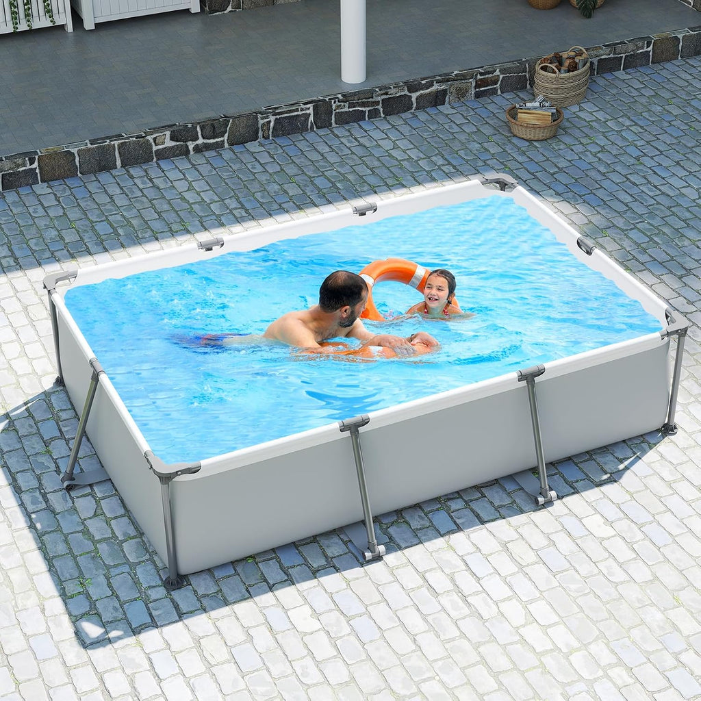 Goplus Above Ground Swimming Pool, 10'x6.8'x26'' Metal Frame Pool Set w/PVC Fabric, 3 Stoppers, Drainage Valve Connector, for Outdoor, Backyard, Garden, Patio (10' x 6.8' Rectangle, 978 Gal, Grey)