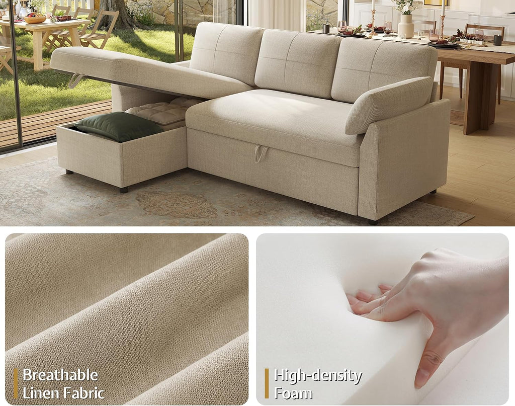 PaPaJet Sofa Bed, Sleeper Sofa with Storage Chaise, L Shaped Sofa with Pull Out Bed, Oversized Sofas for Living Room, Beige