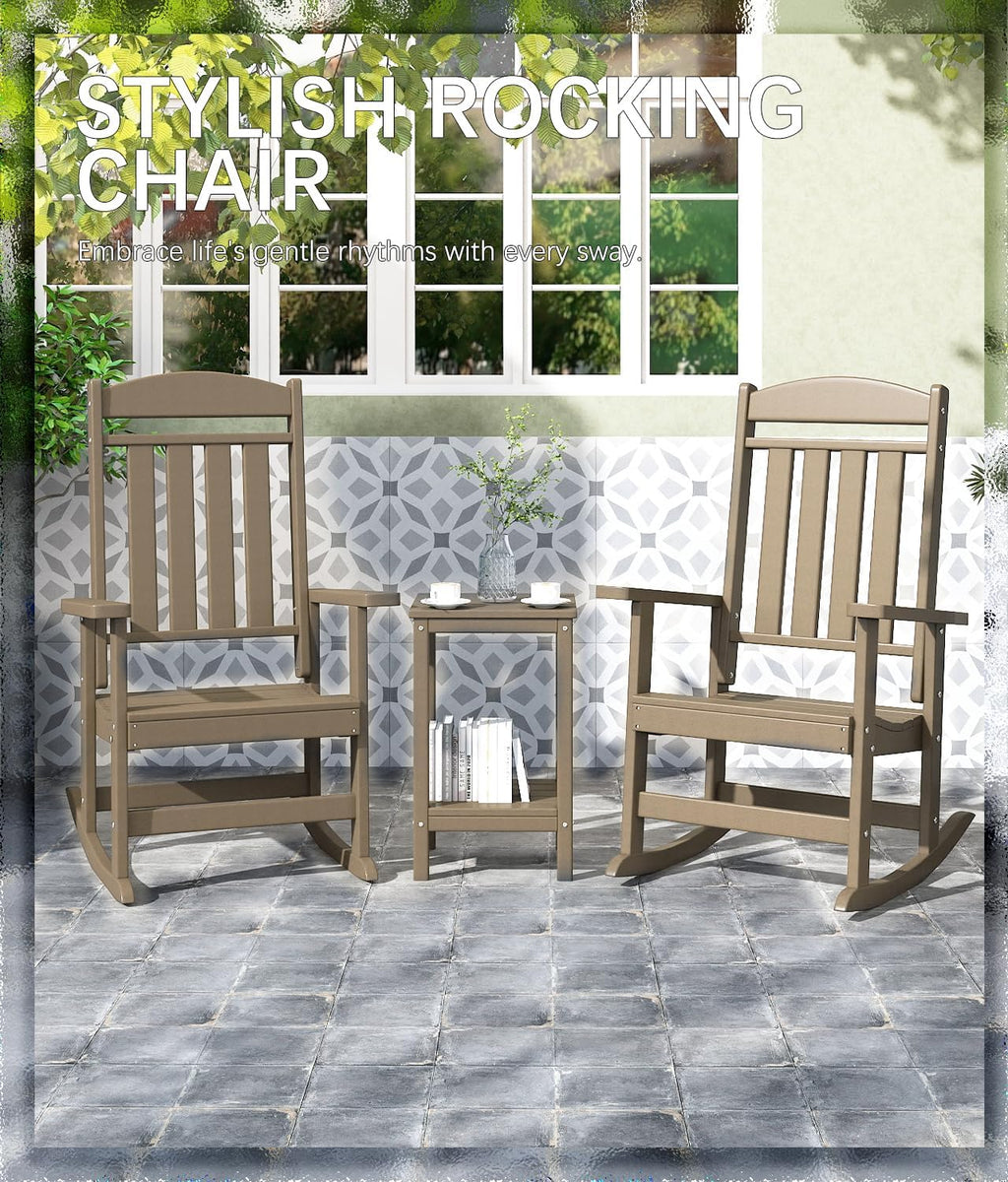 FOOWIN 3-Piece Outdoor Rocking Chairs Set, High Back Patio Rocker with Side Table, HDPE All Weather Resistant Oversized Rocking Chairs for Indoors, Porch, Patio, Backyard, Brown