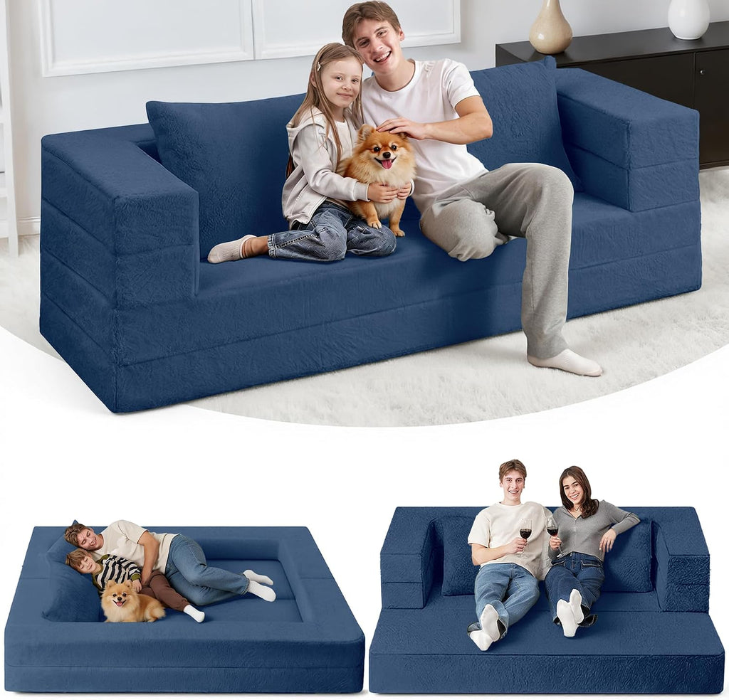 Futon Sofa Bed with Pillow, 3-in-1 Sleeper Sofa Bed with Removable Cover, Convertible Floor Sofa Bed, No Assembly Boneless Couch for Living Room, Bedroom