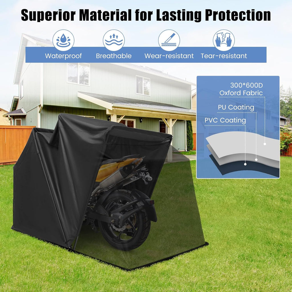 Tangkula Motorcycle Shed - Waterproof Garage with 600D Oxford Cover, Ventilation Window, Heavy Duty Storage for Motorbike, Scooter, Vehicles, 136' x 54' x 75'