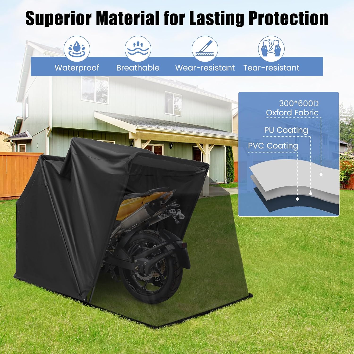 Tangkula Motorcycle Shed - Waterproof Garage with 600D Oxford Cover, Ventilation Window, Heavy Duty Storage for Motorbike, Scooter, Vehicles, 136' x 54' x 75'