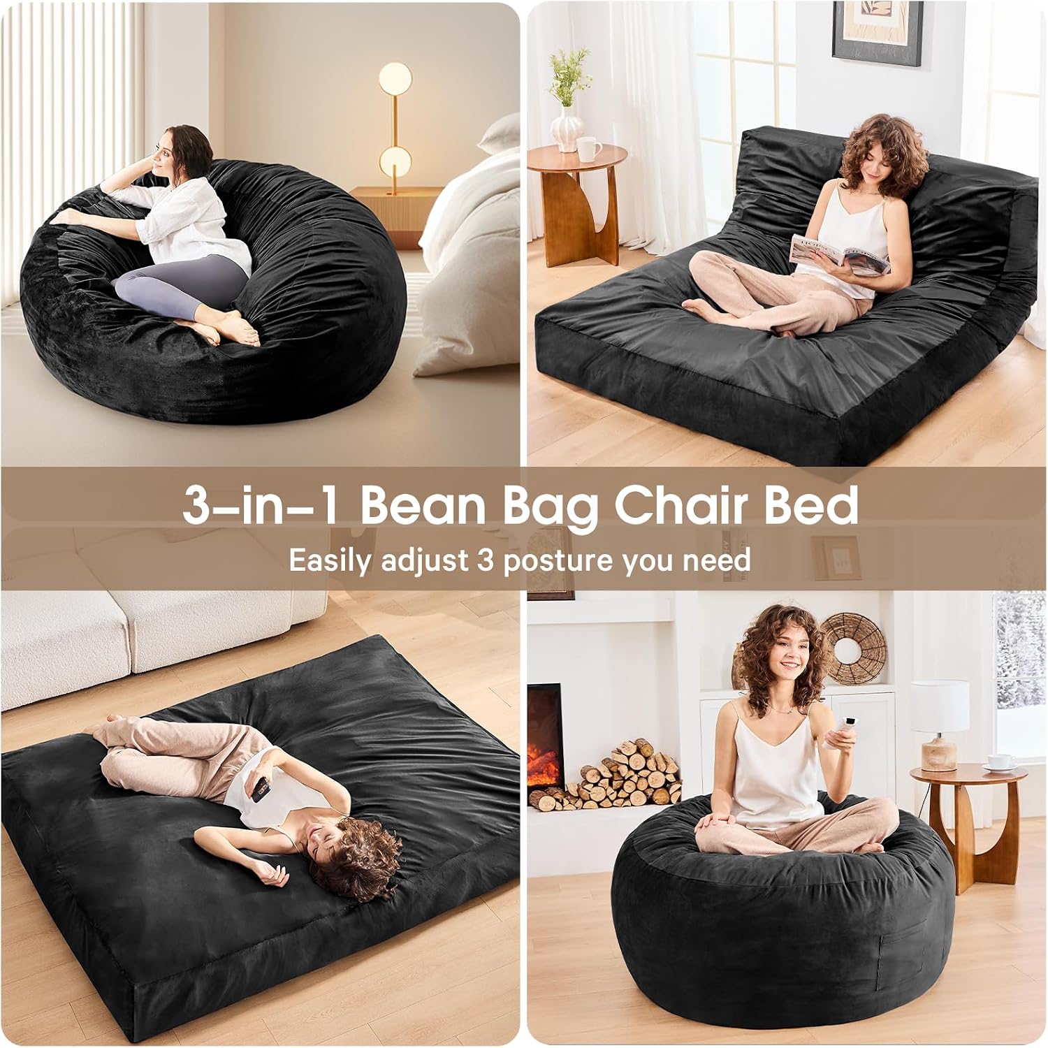 Bean Bag Chairs for Adults - Giant Bean Bag Chair Convertible Bean Bag Bed - Beanbag Chair with Microfiber Cover/Furniture Foam Filler - Floor Couch Sofa in Bedroom Dorm Room - Full Carbon Black