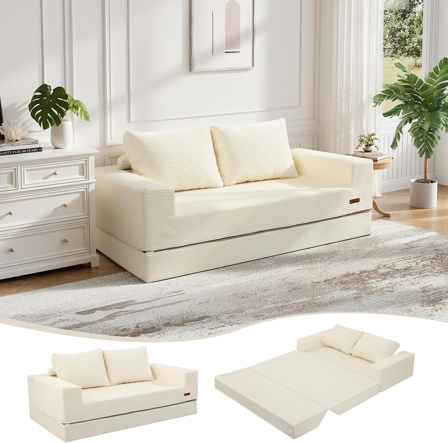 COMAX Convertible Sofa Bed Queen, Corduroy Folding Floor Couch Pull Out Couch Bed Futon Sleeper with Pillows, Fold Out Boneless Sofa Comfy Lounge Mattress Loveseat for Living Room Bedroom, Beige