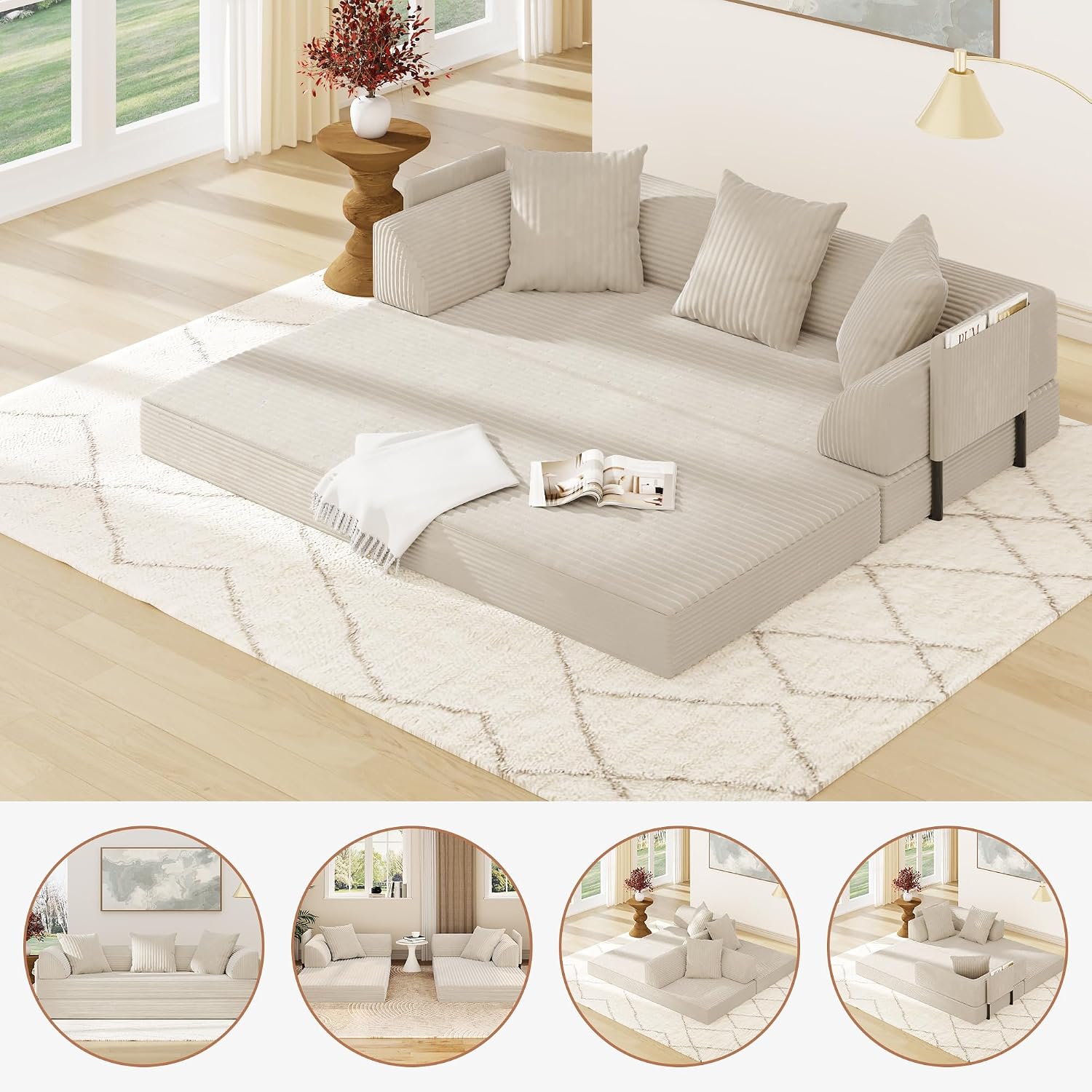 Folding Convertible Sofa Bed with 3 Pillows, 79 ' Corduroy Boneless Couch with Armrest Pockets, Lounge Loveseat Sleeper with Pull Out Bed, Memory Foam Compressed Sofa for Living Room Bedroom, Beige