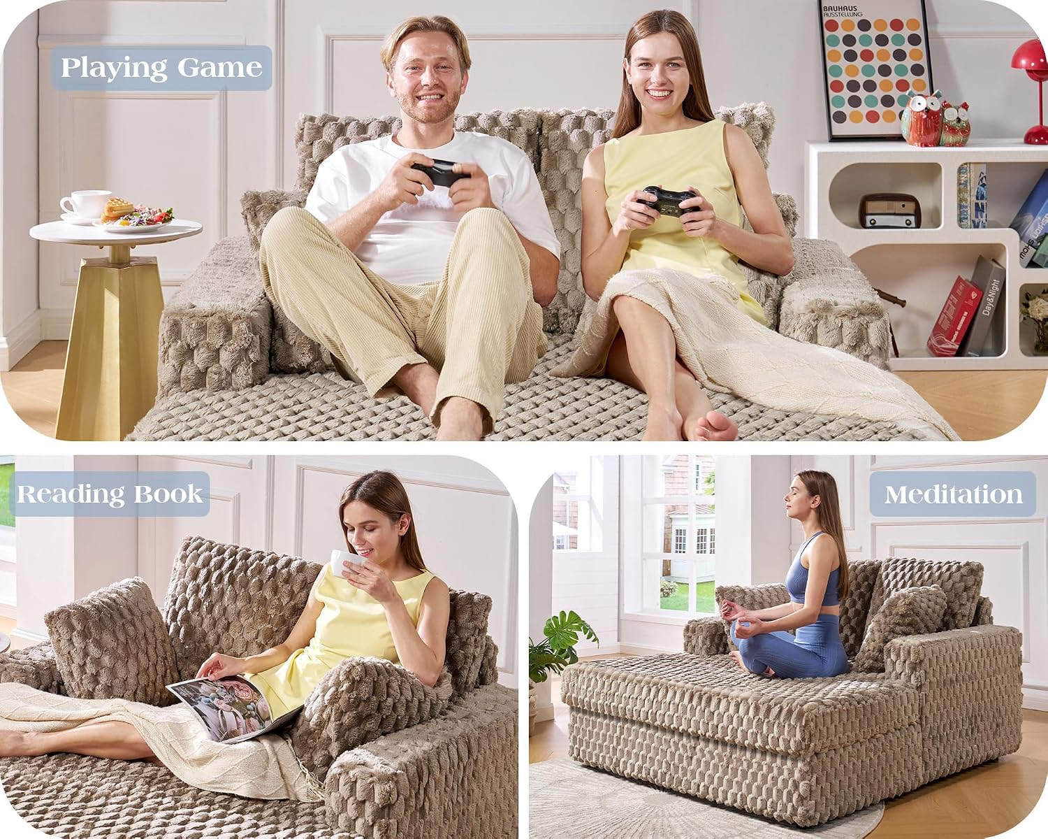 VanAcc 58 Inch Upholstered Chaise Lounge, Plush Sleeper Chair with Throw Pillows and Armrests, Sofa Bed Indoor for Living Room, Brown