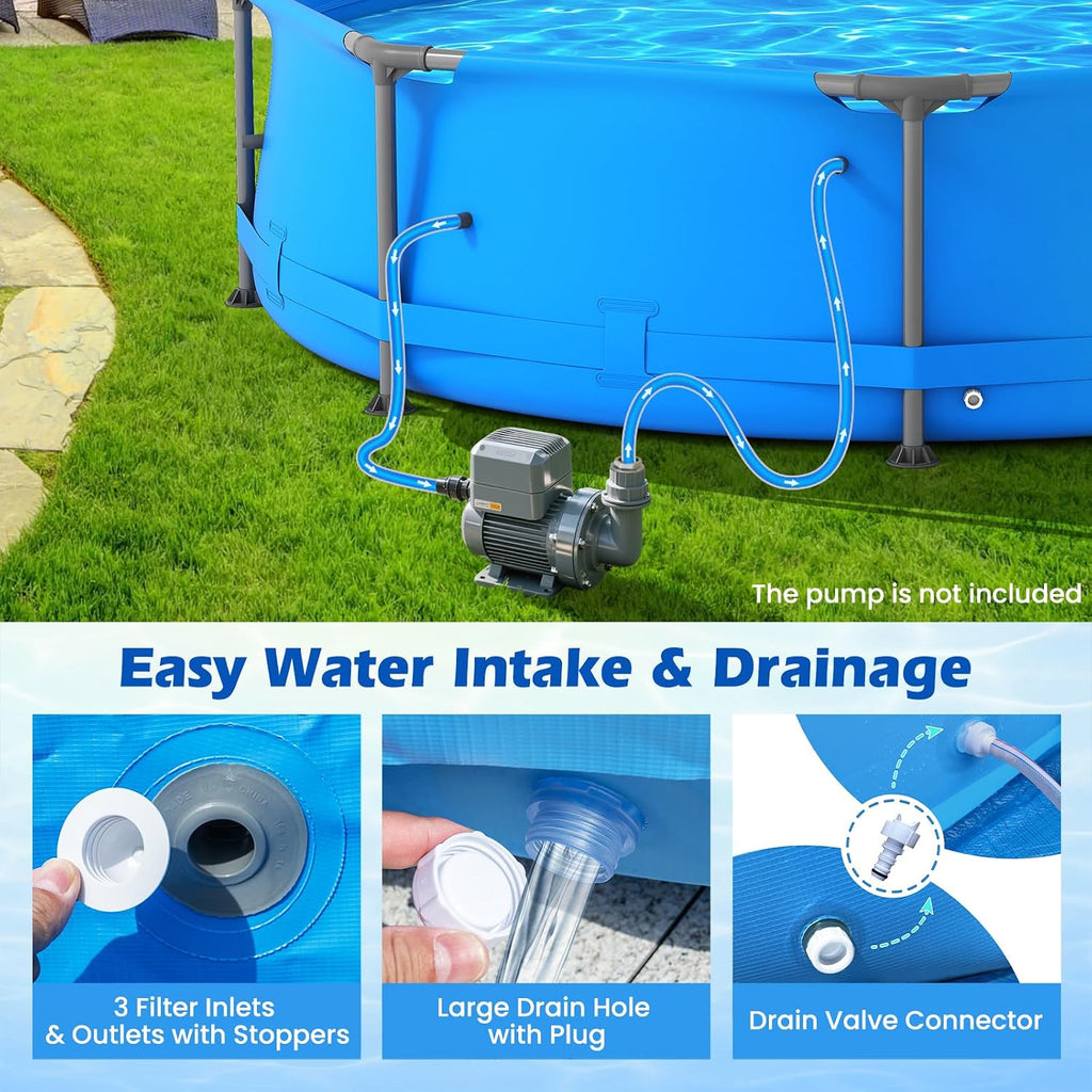 GYMAX 12ft x 30in Metal Frame Above Ground Swimming Pool, Outdoor Backyard Famliy Pool Set with Puncture-Resistant Fabric, Drainage Valve Connector for Kids & Adults (12' x 30', Round, Blue)