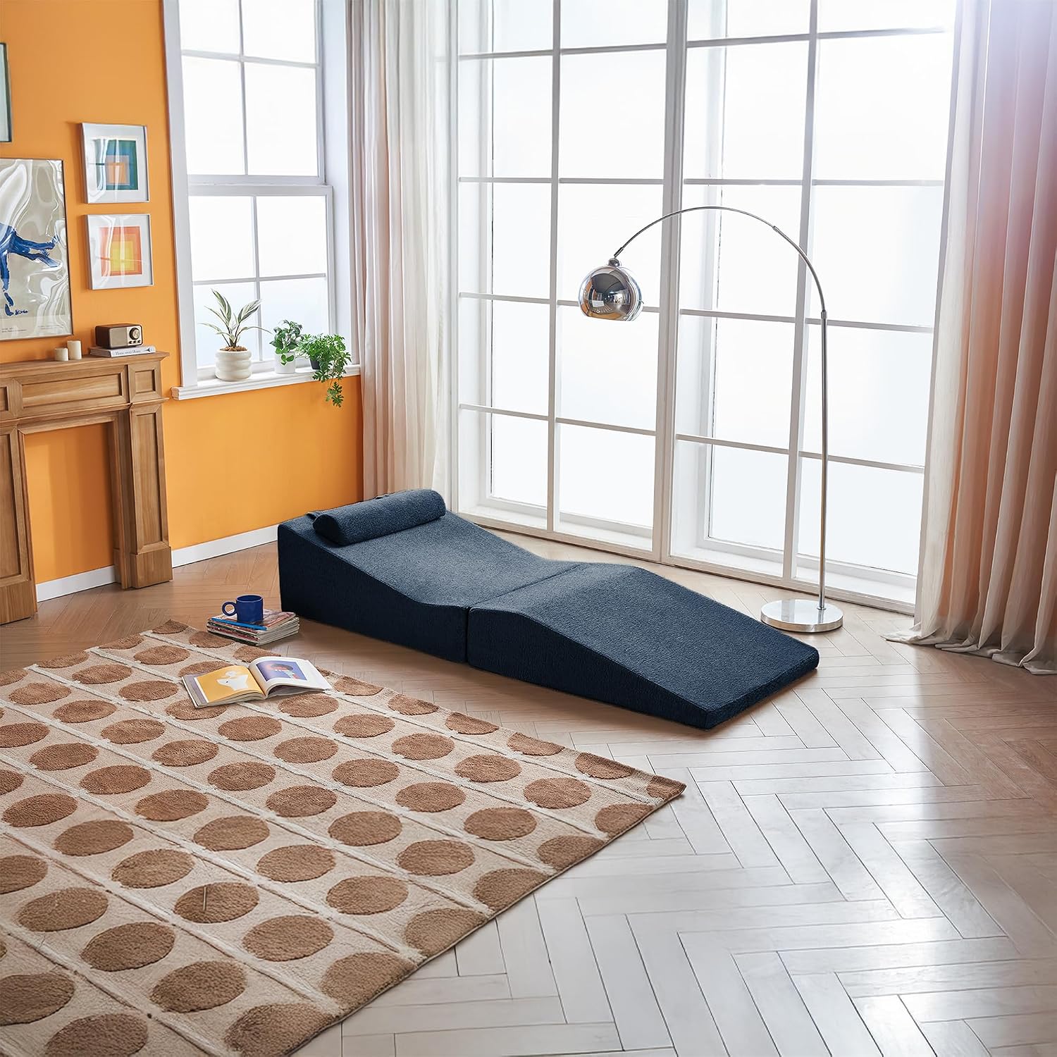 GDFStudio Rue Velvet Foldable Sofa Bed, Convertible Sleeper Chair with Pillow, Foldable Mattress with Back Support, Portable Lounge Sofa for Living Room/Bedroom, No Assembly Needed, Midnight Blue