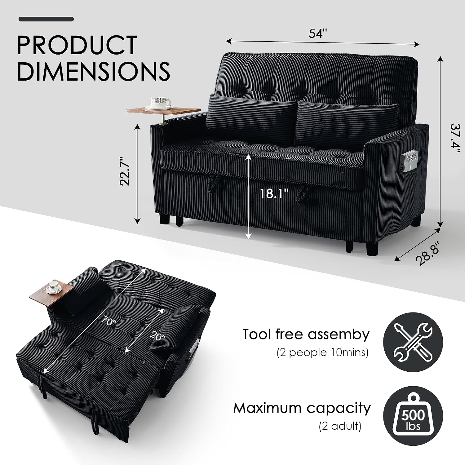 Sleeper Sofa Bed, 54'' Convertible Pull Out Couch with Small Table| USB Port | Side Pockets | Corduroy Fabric | Adjustable Backrest for Apartment, Office, Bedroom, Guest Room (Black)