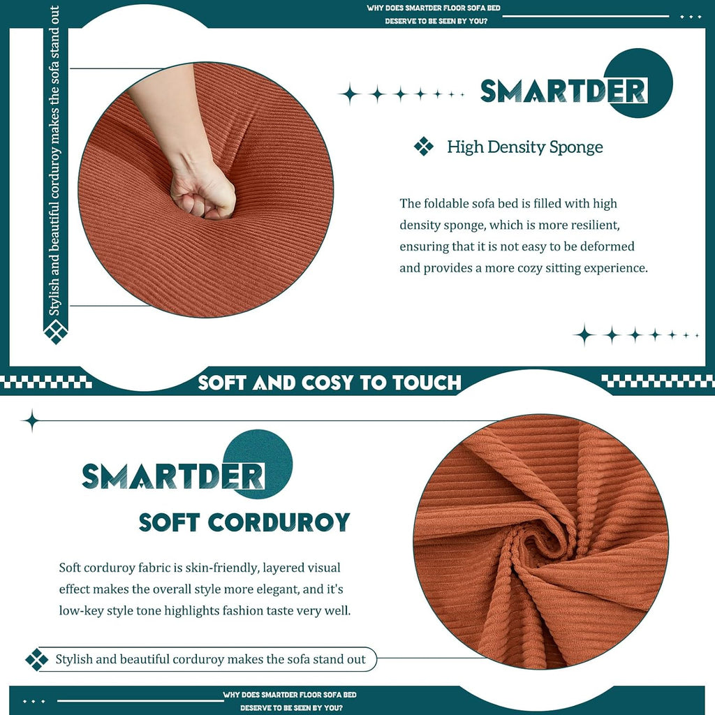 Convertible Folding Sofa Bed, Modular Floor Sofa with Removable Backrest, 3-Seater Fold Out Couch Bed with Pillows, King Size Futon Lazy Couch Corduroy Sleeper for Living Room, Dorm, Orange