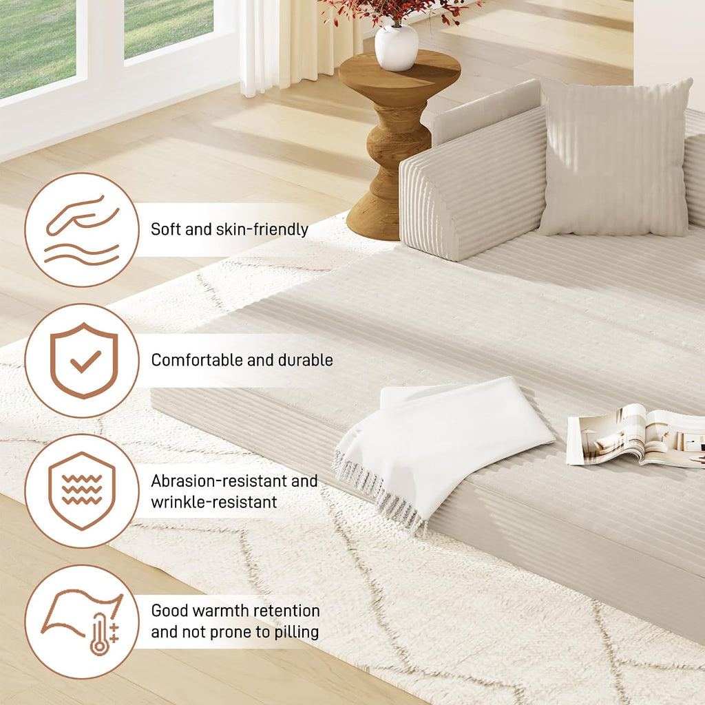 Folding Convertible Sofa Bed with 3 Pillows, 79 ' Corduroy Boneless Couch with Armrest Pockets, Lounge Loveseat Sleeper with Pull Out Bed, Memory Foam Compressed Sofa for Living Room Bedroom, Beige