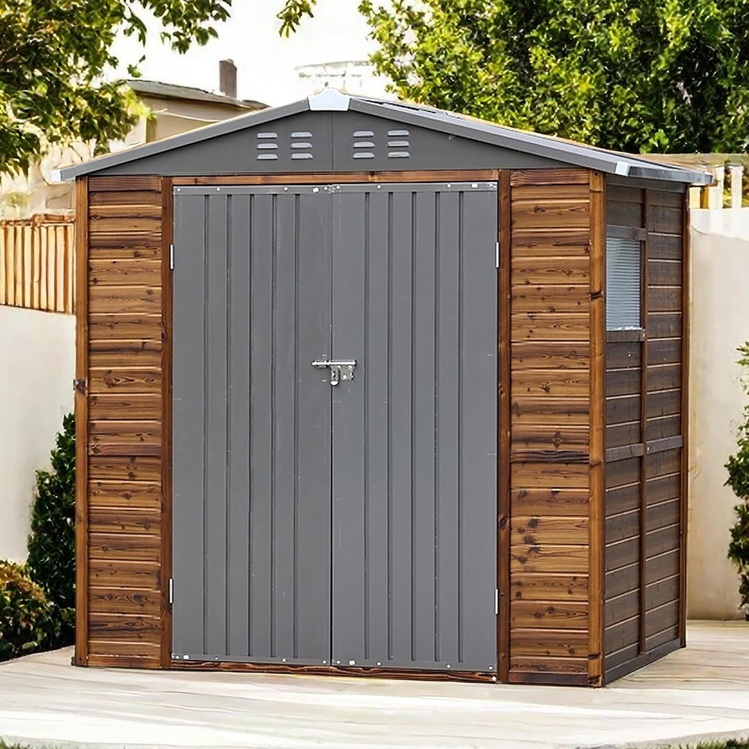6x4 FT Outdoor Wood Storage Shed, Garden Tool Shed with Windows, Outside Storage Shed Waterproof for Backyard, Garden, Patio, 4 Vents (Without Floor) Wood Color