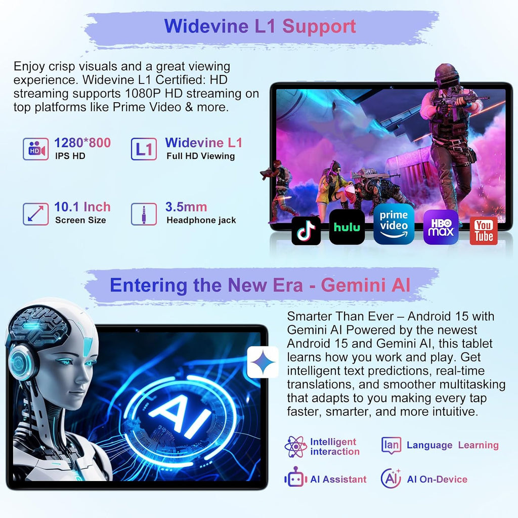 Android 15 Tablet 30GB+128GB+1TB Expand, 2026 10.1 Inch Octa-Core 8000mAh Electronics Tablets with Keyboard Mouse, Gemini AI, 5G WiFi, 1280x800 IPS Touchscreen, GPS, BT5.0, Widevine L1 -Metal Blue