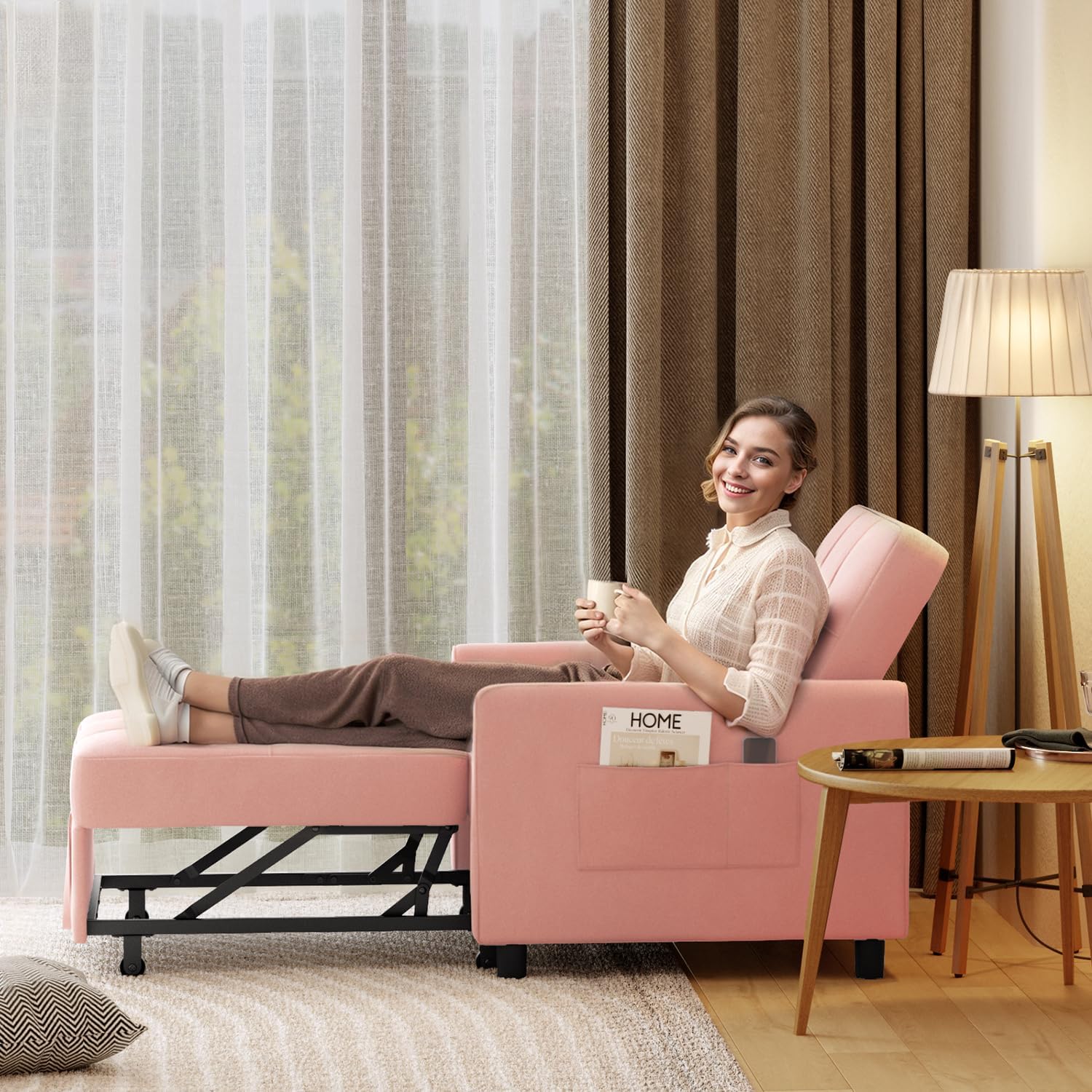 Aiho Convertible Sleeper Chair with Pillow & Pocket, 3-in-1 Sofa Bed in Modern Linen Fabric for Apartment, Pink