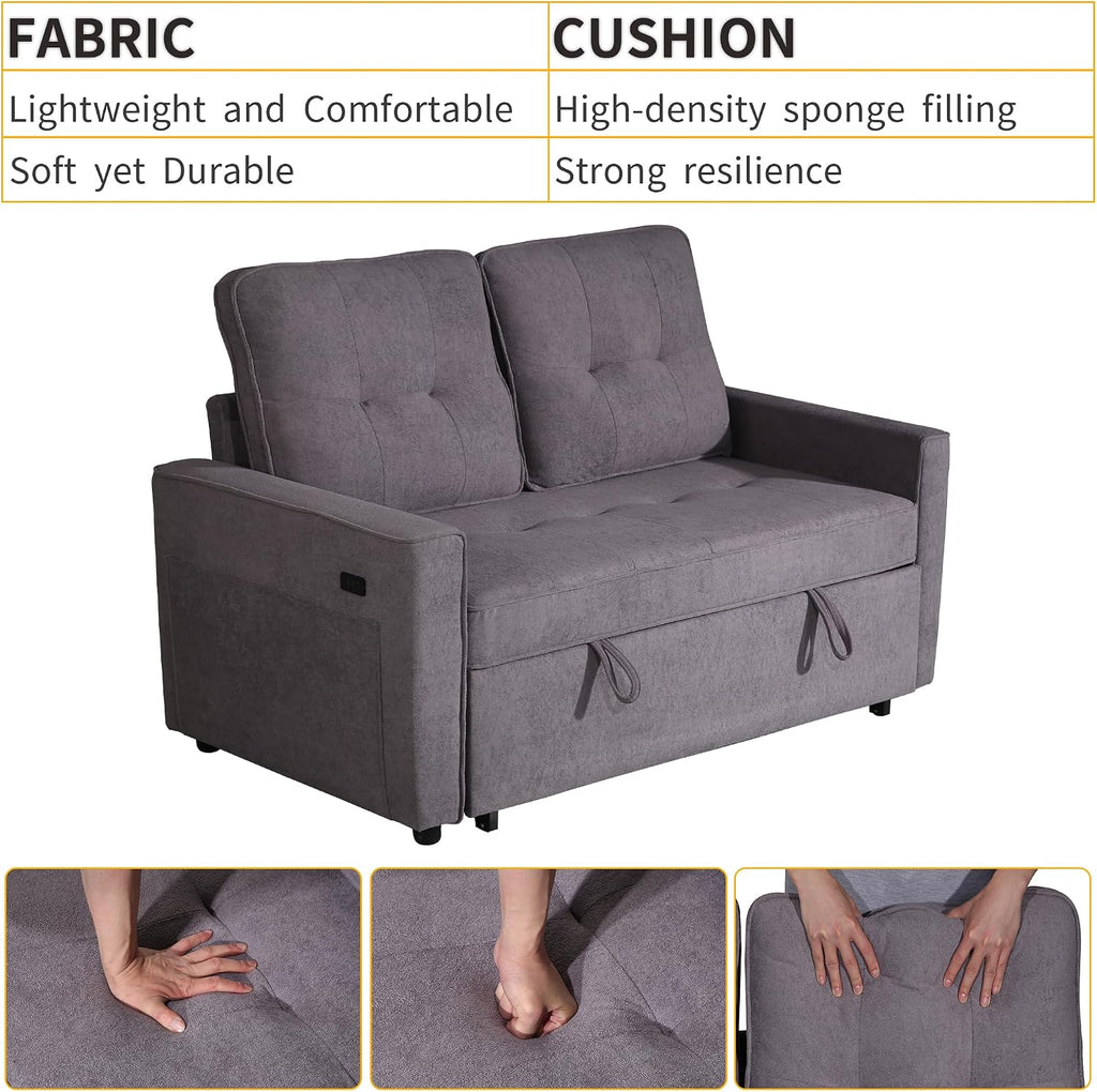 EJUNQ Pull Out Couch, Convertible Sofa Bed with USB and Reclining Backrest, Modern 3 in 1 Sleeper Sofa Couch Bed with Side Pockets, Comfortable Loveseat Sleeper for Small Spaces.((Gray)