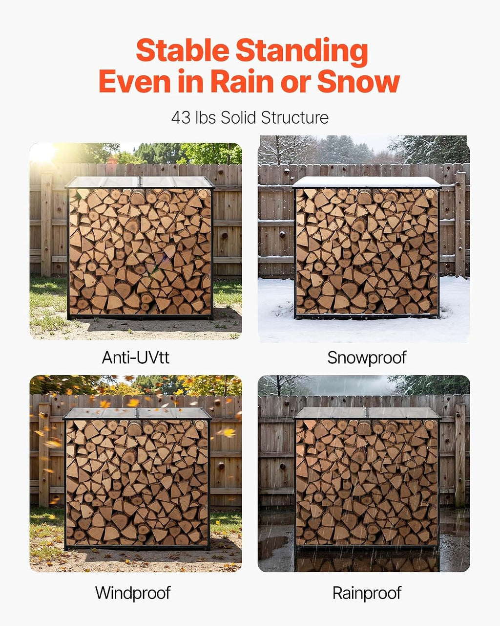 VEVOR Firewood Rack with Sloped Roof, 4 ft Outdoor Firewood Holder, 1/4 Cord Log Storage Shed, 660lb Max Weight Capacity, Powder-Coated Metal Wood Storage Rack for Fireplace Deck Backyard Garden