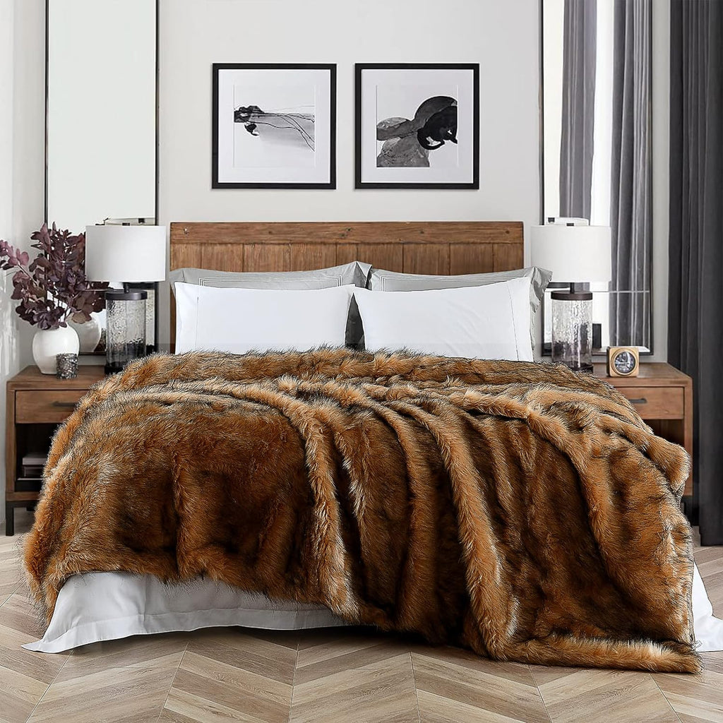 Luxury Plush Faux Fur Blanket Queen Size, Long Pile Brown with Black Tips, Oversized Super Warm, Fuzzy, Elegant, Fluffy Decoration Throw Blanket for Sofa, Armchair, Couch and Bed, 90'x90'