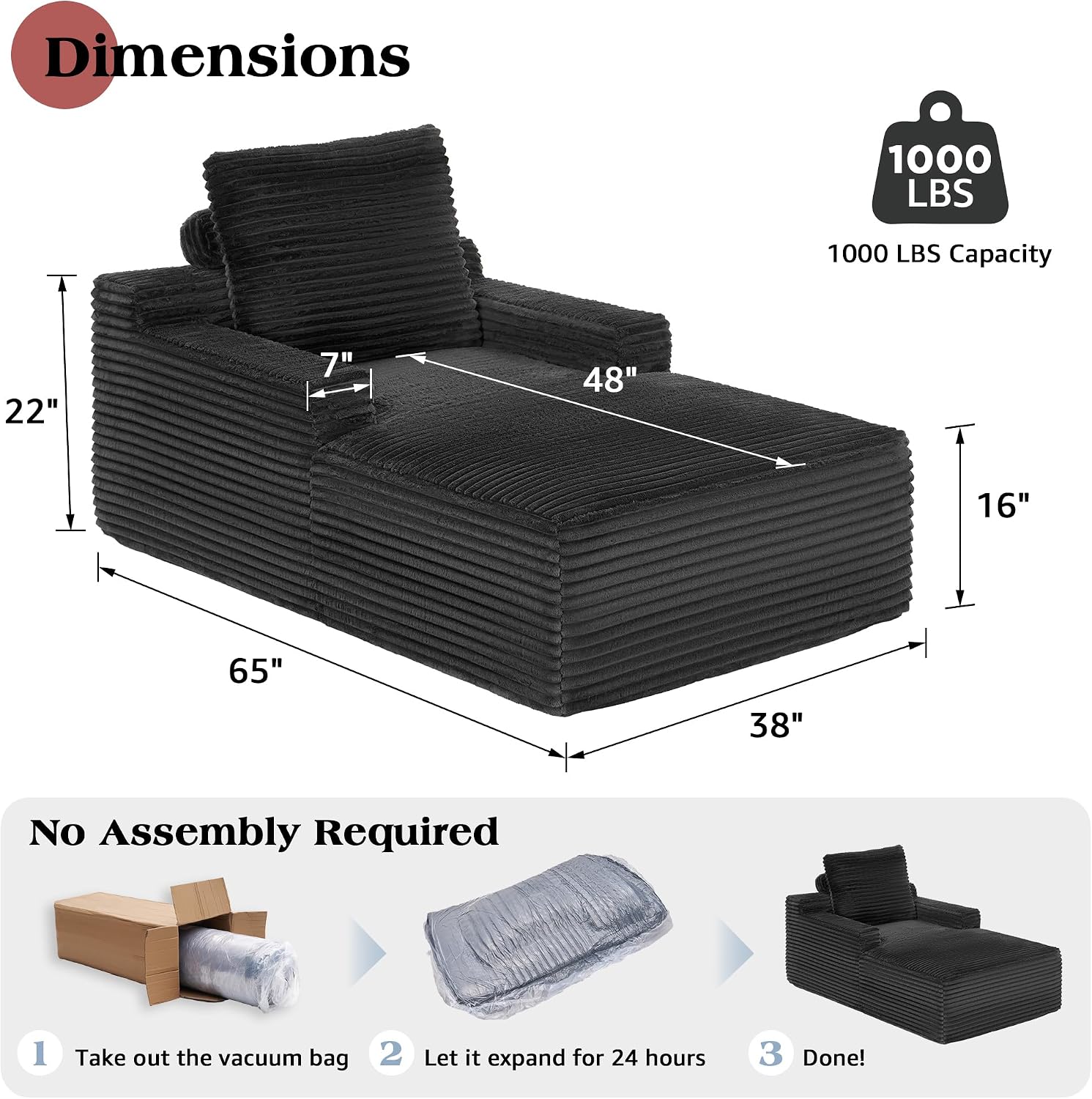 VanAcc 65' Chaise Lounge Sofa, Luxury Corduroy Sleeper Chaise with Armrests and Throw Pillows, No-Assembly Couch for Living Room or Apartment, Gray