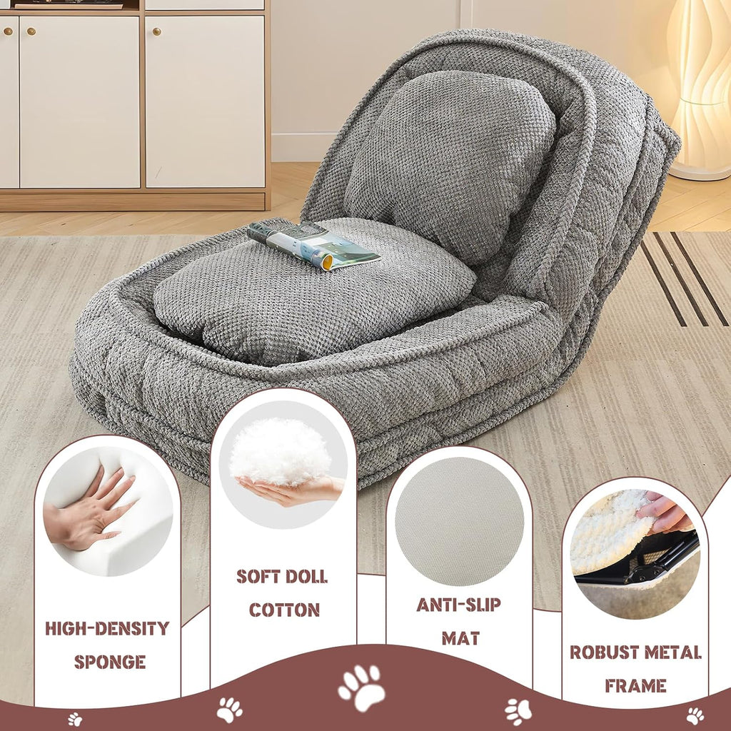 Upholstered Human Dog Bed for Adult & Pets, Convertible Lazy Sofa Bed with 5 Adjustable Position, Comfy Tatami Bean Bag Lounge Chair with 2 Soft Pillows for Bedroom Living Room Office (Gray)