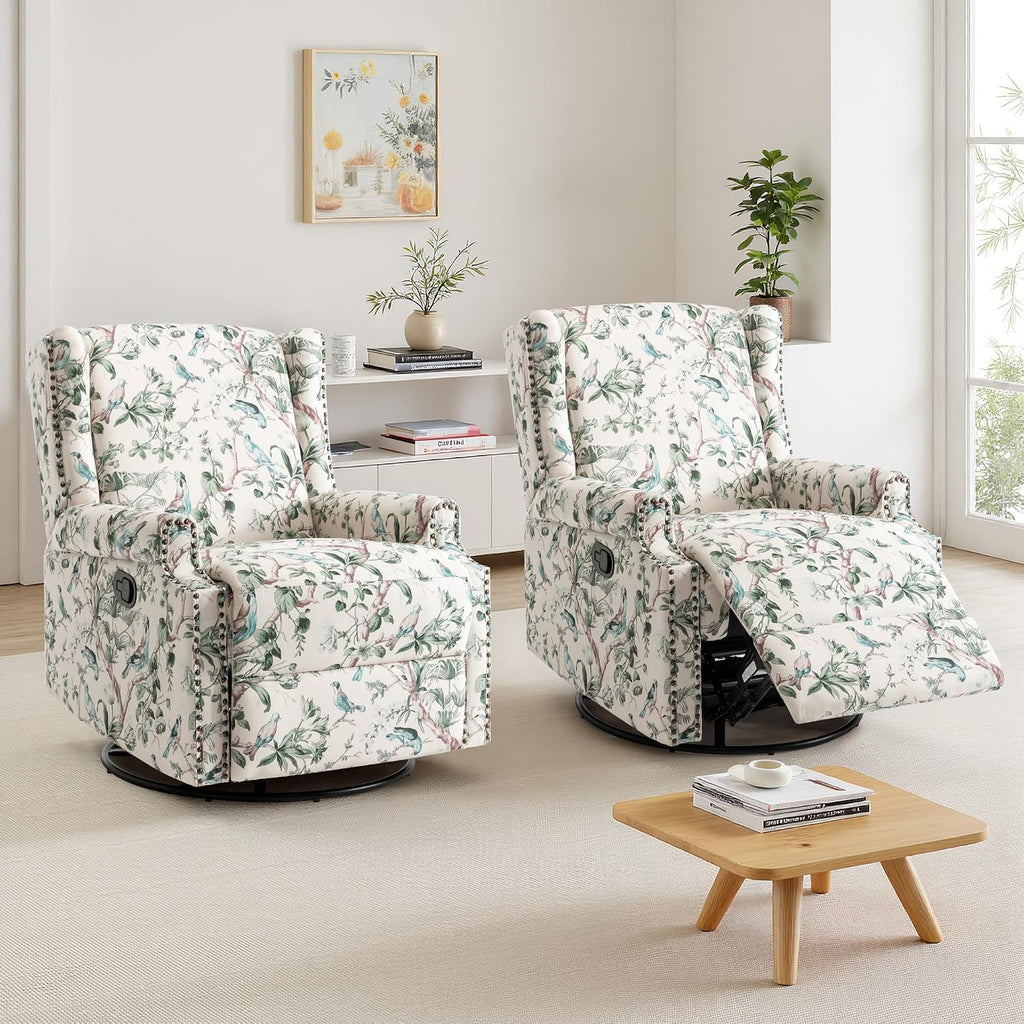 Lumibee Swivel Rocker Recliner Chairs, Set of 2 Printed Fabric Swivel Glider Rocking Chair with High Back, Upholstered Deep Seat Wingback Recliner Chair for Living Room Bedroom, Bird