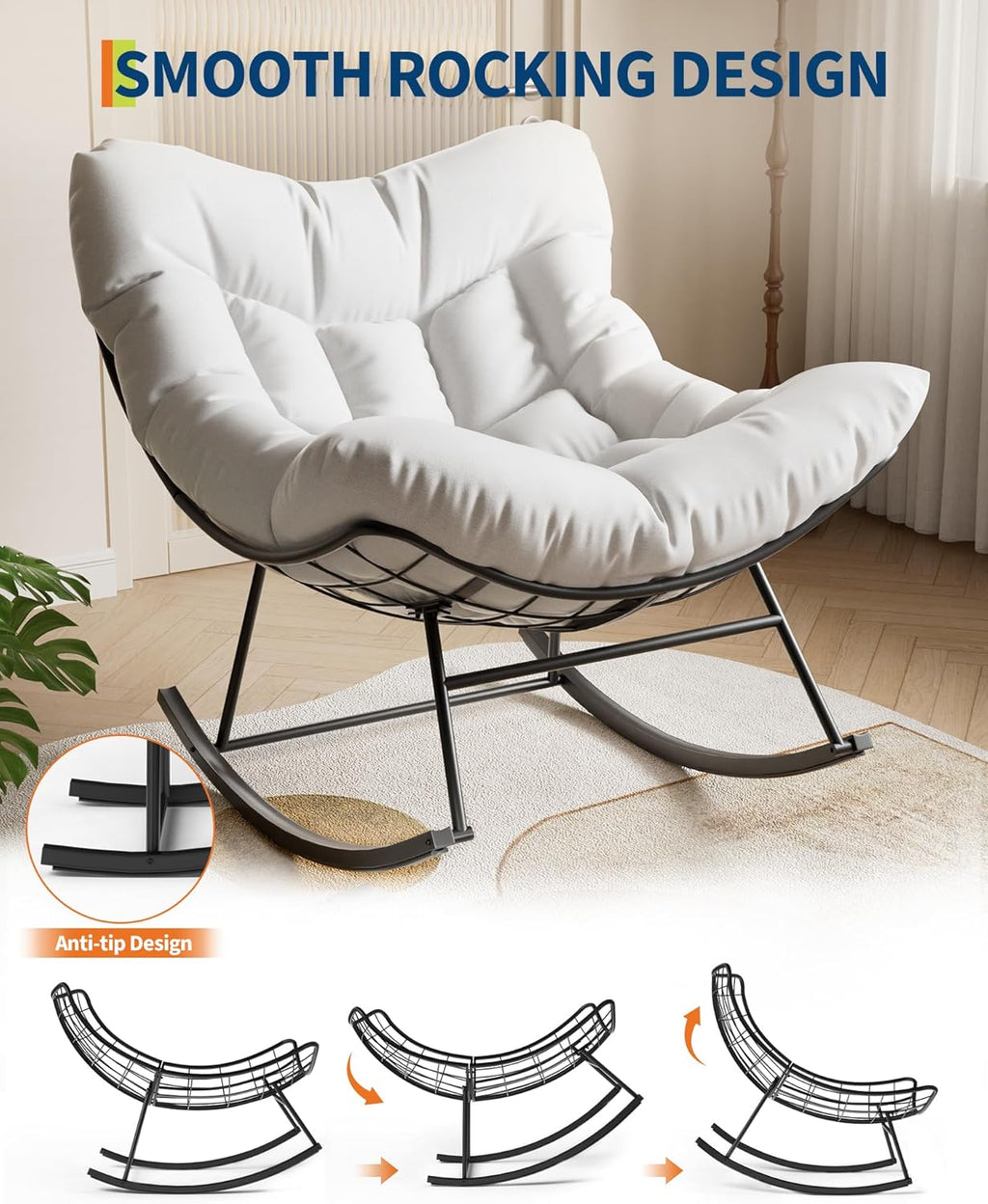Patio Rocking Chair Indoor and Outdoor, Metal Lounge Rocker with Thick 6'' Cushion,350 Lbs Capacity,White Cushion