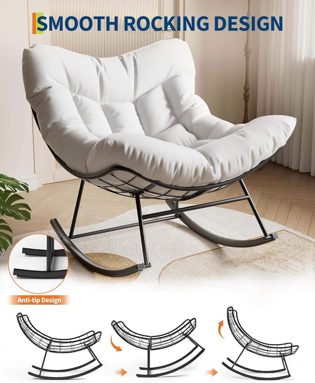 Patio Rocking Chair Indoor and Outdoor, Metal Lounge Rocker with Thick 6'' Cushion,350 Lbs Capacity,White Cushion