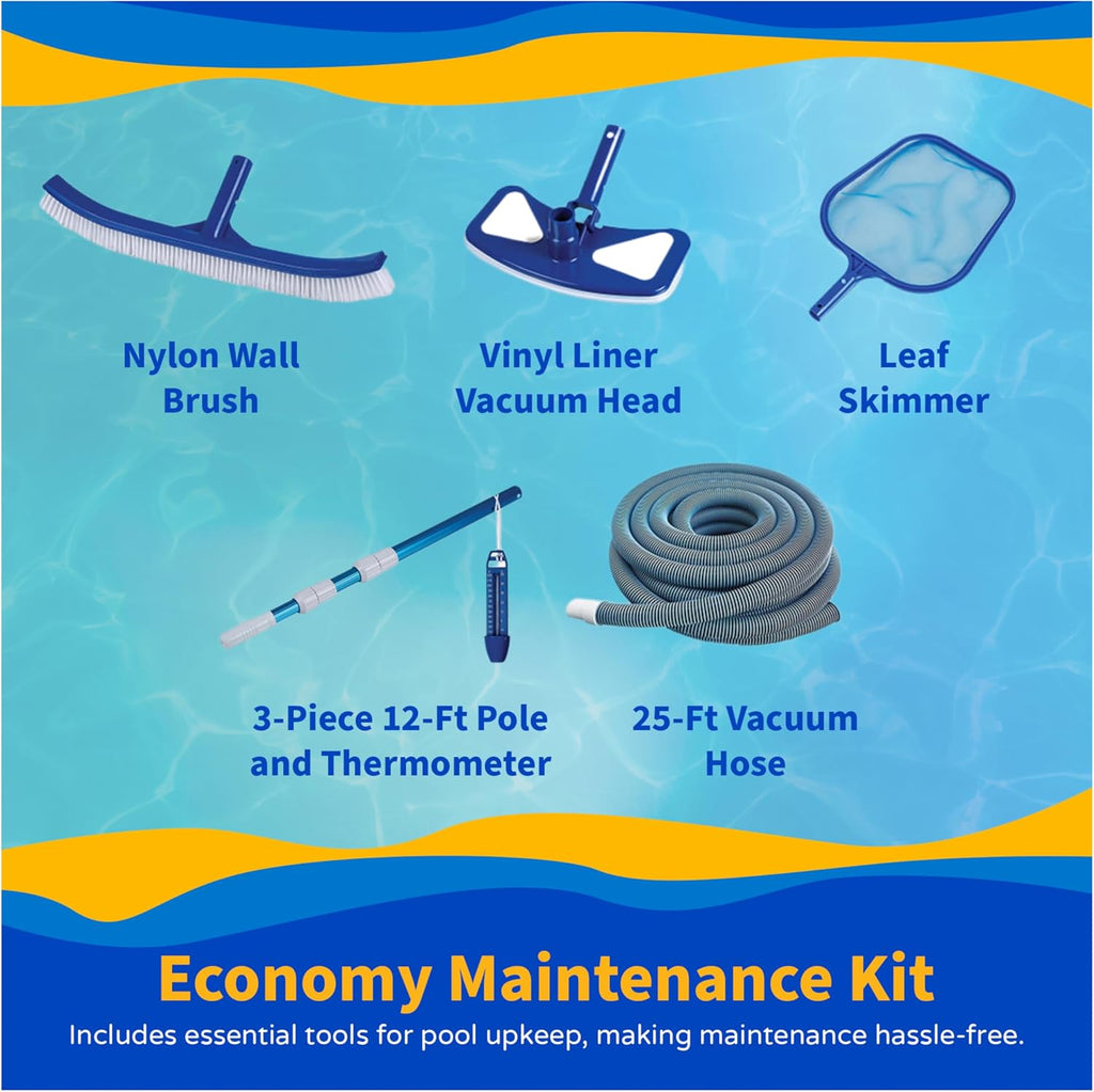 Blue Wave Marbella 15-ft Round 52-in Deep Above Ground Swimming Pool – with Steel Wall & Top Rails, Sand Filter, Overlap Liner, A-Frame Ladder & Maintenance Kit – Complete Outdoor Pool Accessories