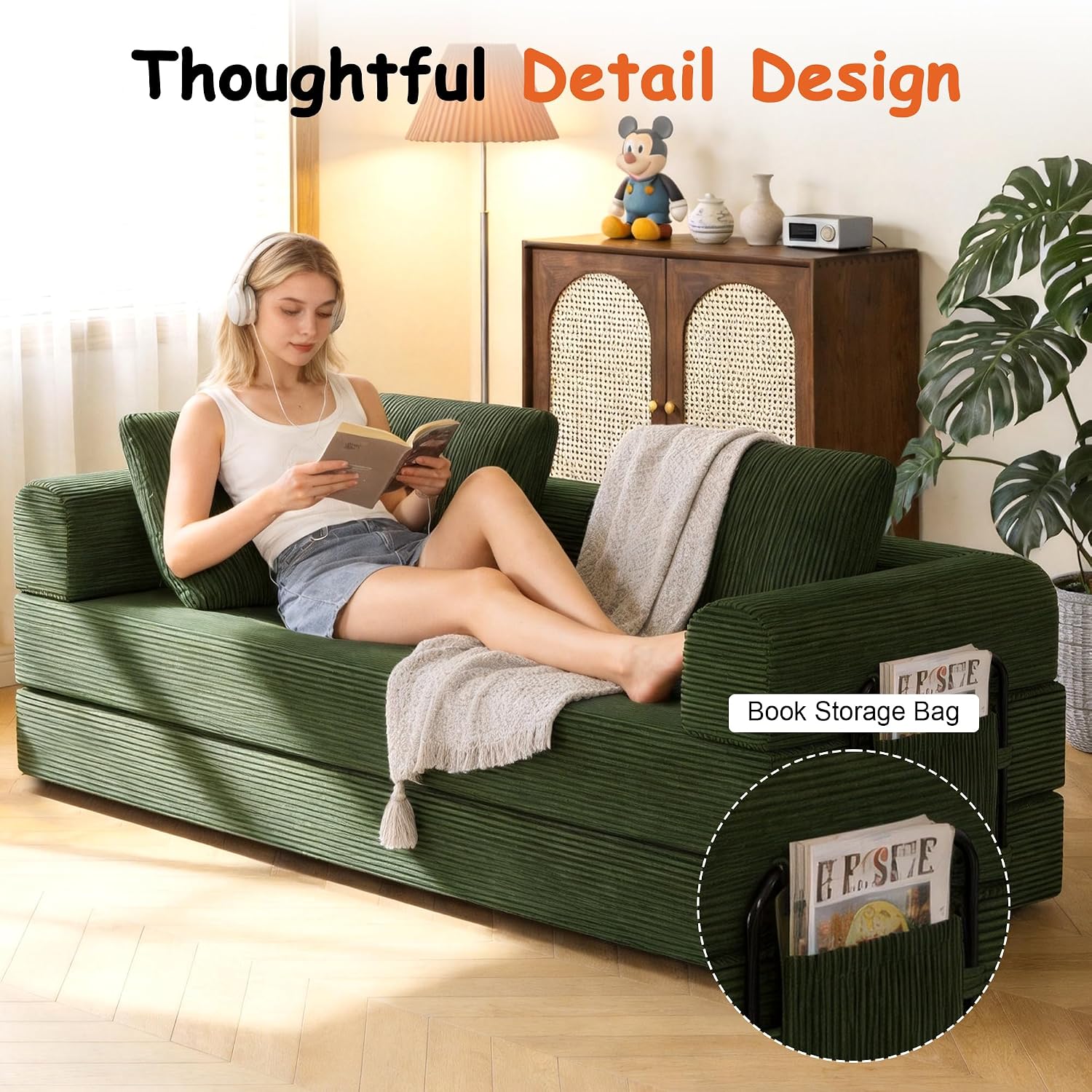 78' Convertible Sofa Bed, 5-in-1 Boneless Sleeper Sofa with with Fixed Frame & Pocket, Corduroy Pull Out Couch with 2 Pillows, Couch Bed for Living Room, Small Spaces, Bedroom, No Assembly