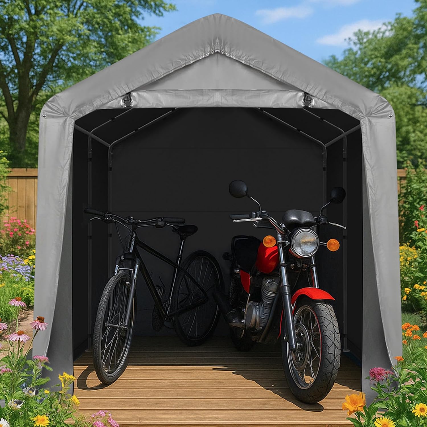 VINGLI Outdoor Portable Storage Shed, Heavy Duty Bike Tent with Roll-up Zipper Door, Waterproof and UV Resistent Carport for Motorcycle, Garden Tools and Firewood (8x8x6.7ft)