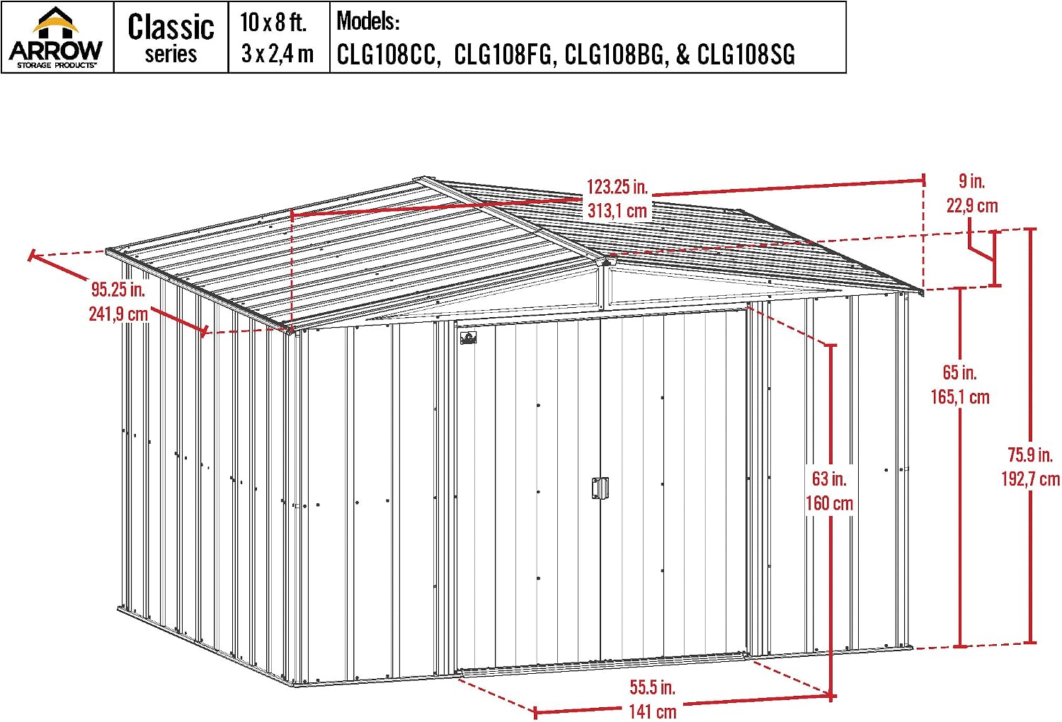 Arrow Classic Steel Storage Shed, 10x8, Charcoal