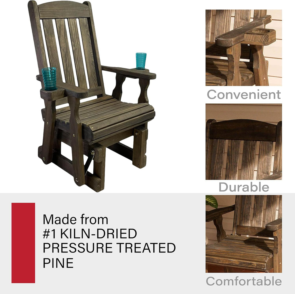 Amish Casual Heavy Duty 600 Lb Mission High Back Treated Glider Chair with Cupholders (Dark Walnut Stain)