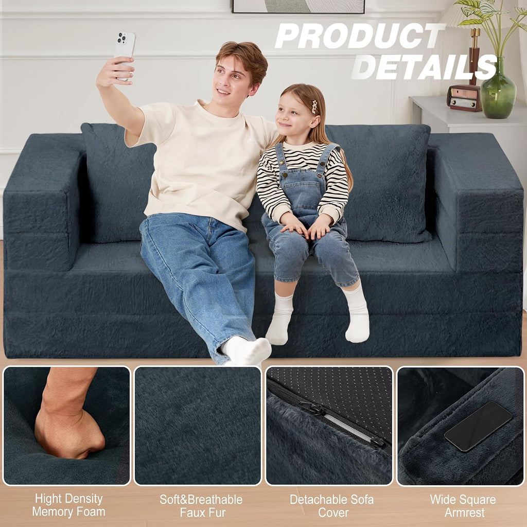 Folding Bean Bag Chair for Adults,3-in-1 Bean Bag Couch Faux Fur Floor Sofa Large Beanbag Convertible Bean Bag Sofa Bed with Pillow in Bedroom,Living Room,Apartment(Queen,Dark Grey)