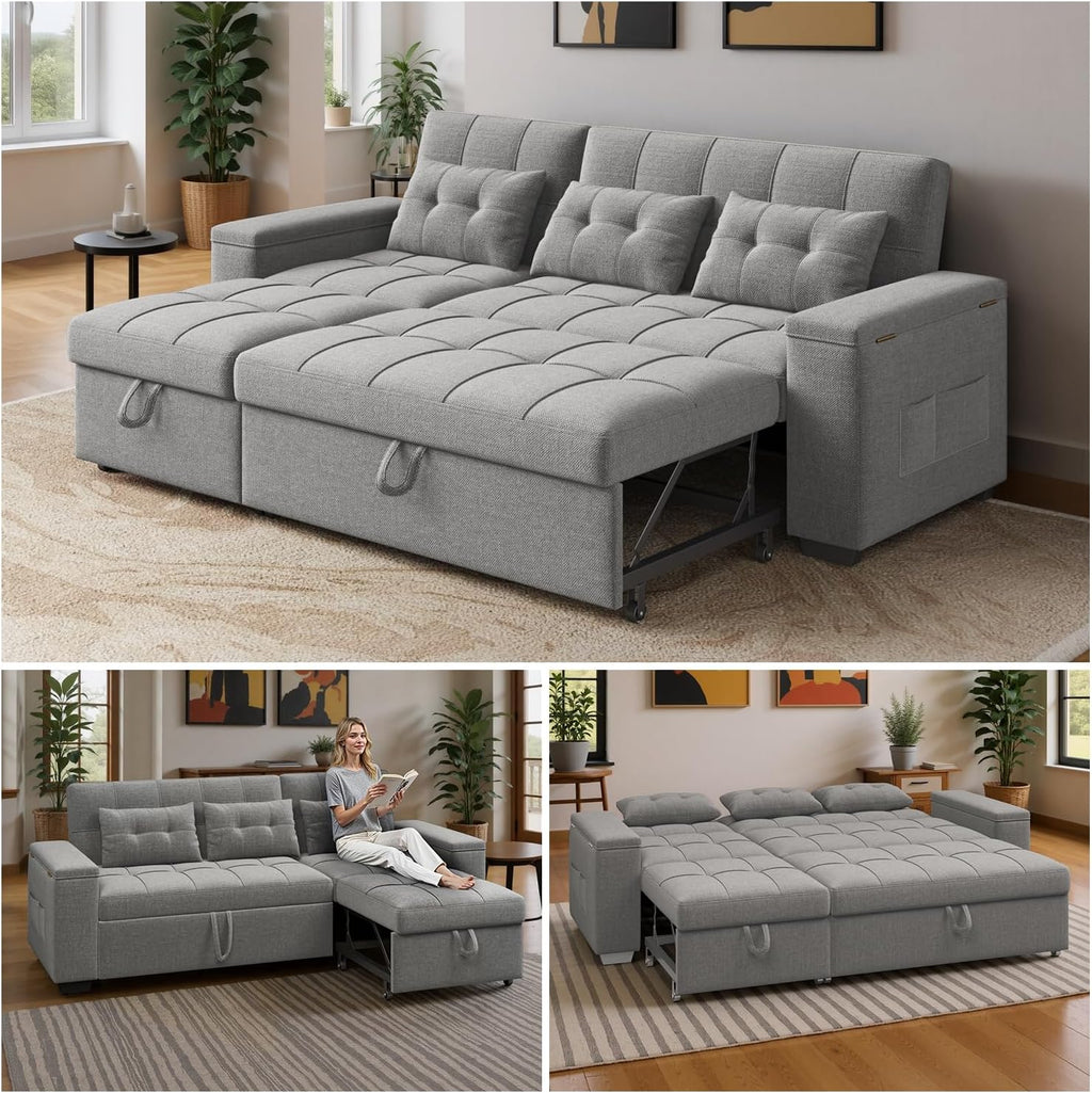 Ahomly 87' Convertible Sofa Bed – Space-Saving Sleeper with Pull-Out Design, Adjustable Backrest, Wide Armrests with Storage, Plush Cushions, Cozy for Small Spaces (Light Grey)