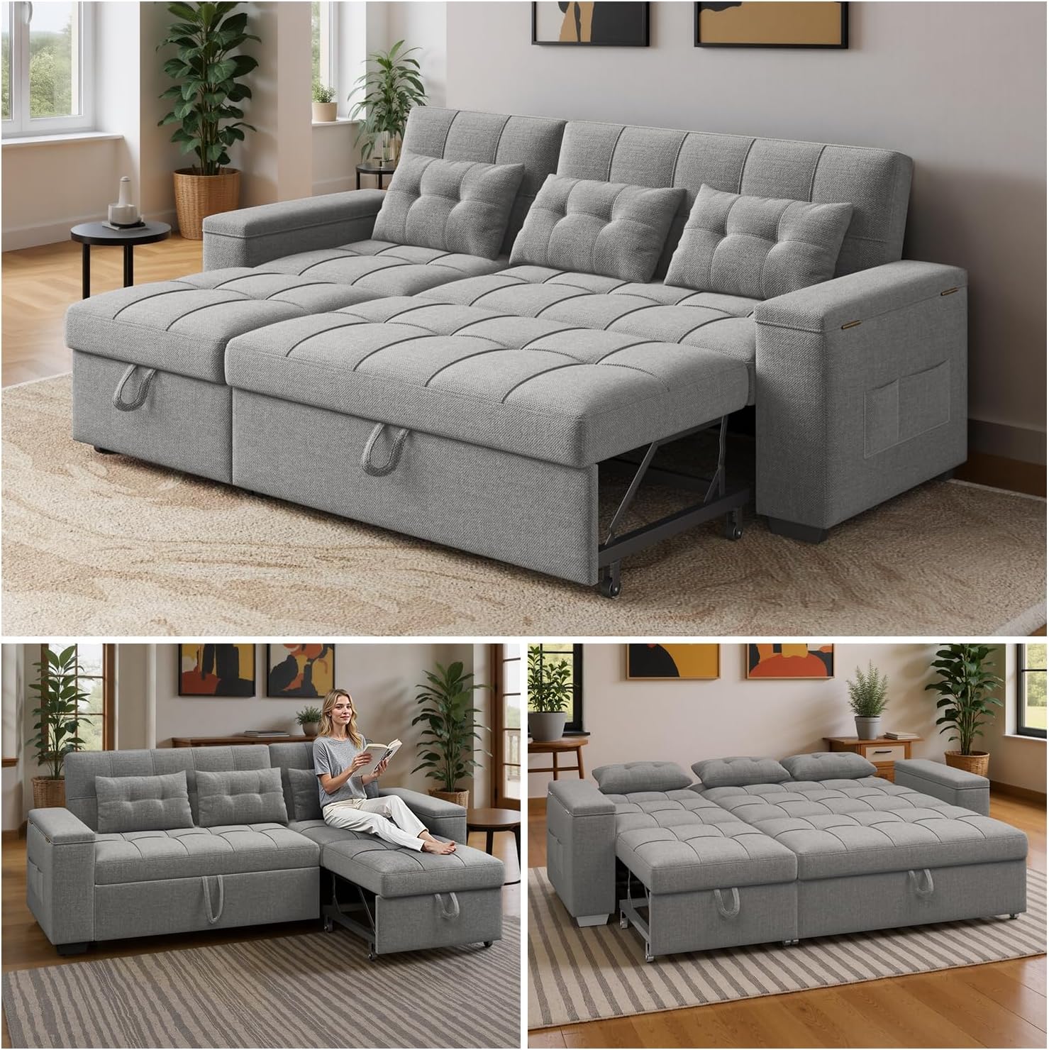 Ahomly 87' Convertible Sofa Bed – Space-Saving Sleeper with Pull-Out Design, Adjustable Backrest, Wide Armrests with Storage, Plush Cushions, Cozy for Small Spaces (Light Grey)