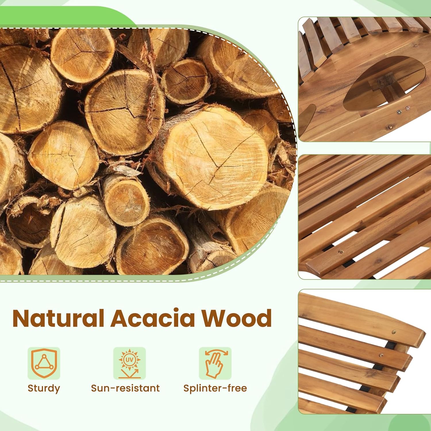 RELAX4LIFE Rocking Double Chaise Lounge, Acacia Wood Sun Bed Lounger w/Slatted Seat, Bottom Stopper, Indoor Outdoor Loveseat Rocker for Pool Patio, 440LBS Capacity, Wooden Rocking Lounge Chair (1)