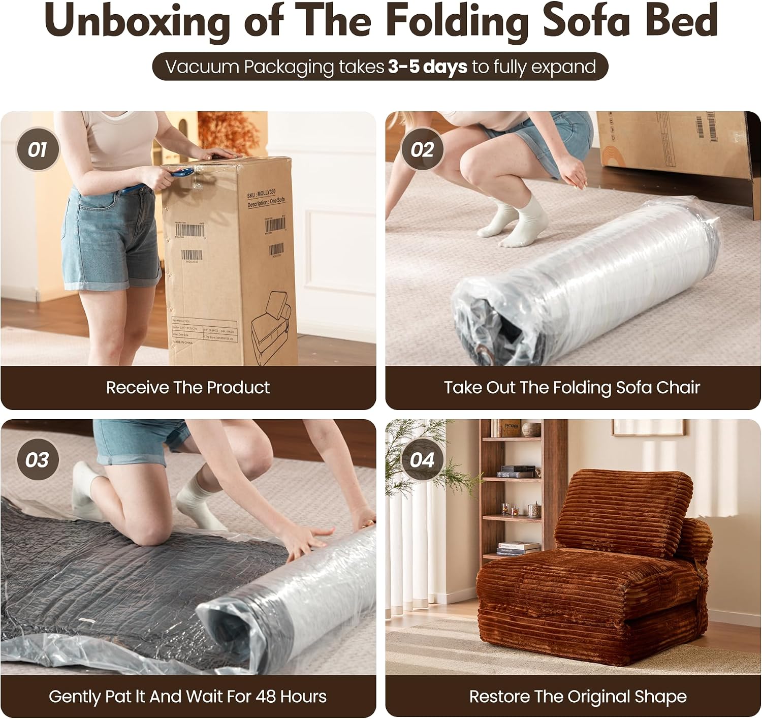 ovios Folding Sofa Bed, Foldable Sleeper Chair Floor Futon, Comfy Portable Convertible Fold Out Lounge Chairs for Living Room Bedroom, Brown