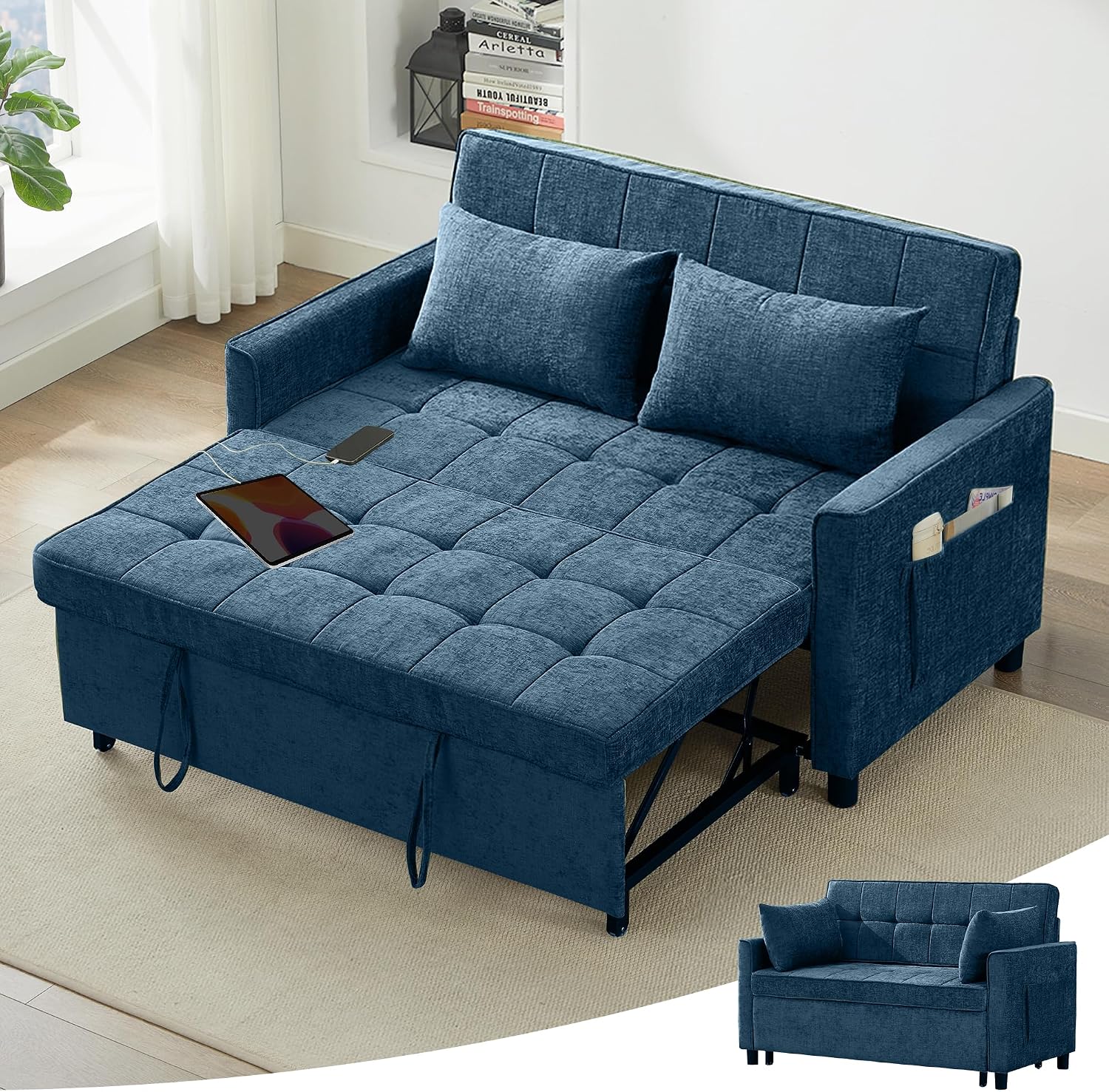 Tbfit 57' Love Seat Sleeper Bed, Convertible Pull Out Couch Bed, Chenille Loveseat Sofa Bed with USB & Adjustable Backrest, Full Size Pull Out Couches for Living Room, Apartment, Office, Dorm, Blue