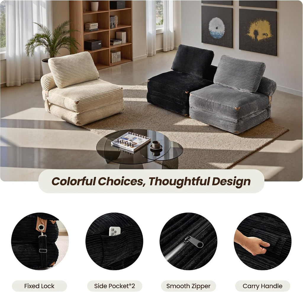 ovios Folding Sofa Bed, Foldable Sleeper Chair Floor Futon, Comfy Portable Convertible Fold Out Lounge Chairs for Living Room Bedroom, Black