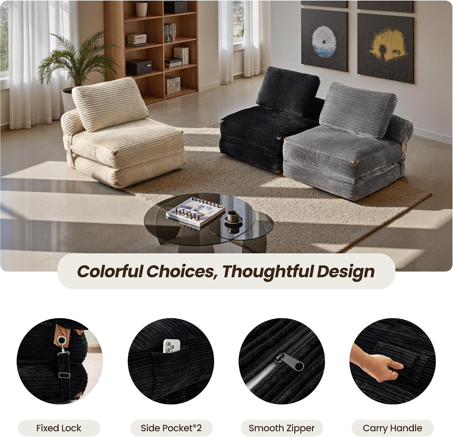 ovios Folding Sofa Bed, Foldable Sleeper Chair Floor Futon, Comfy Portable Convertible Fold Out Lounge Chairs for Living Room Bedroom, Black